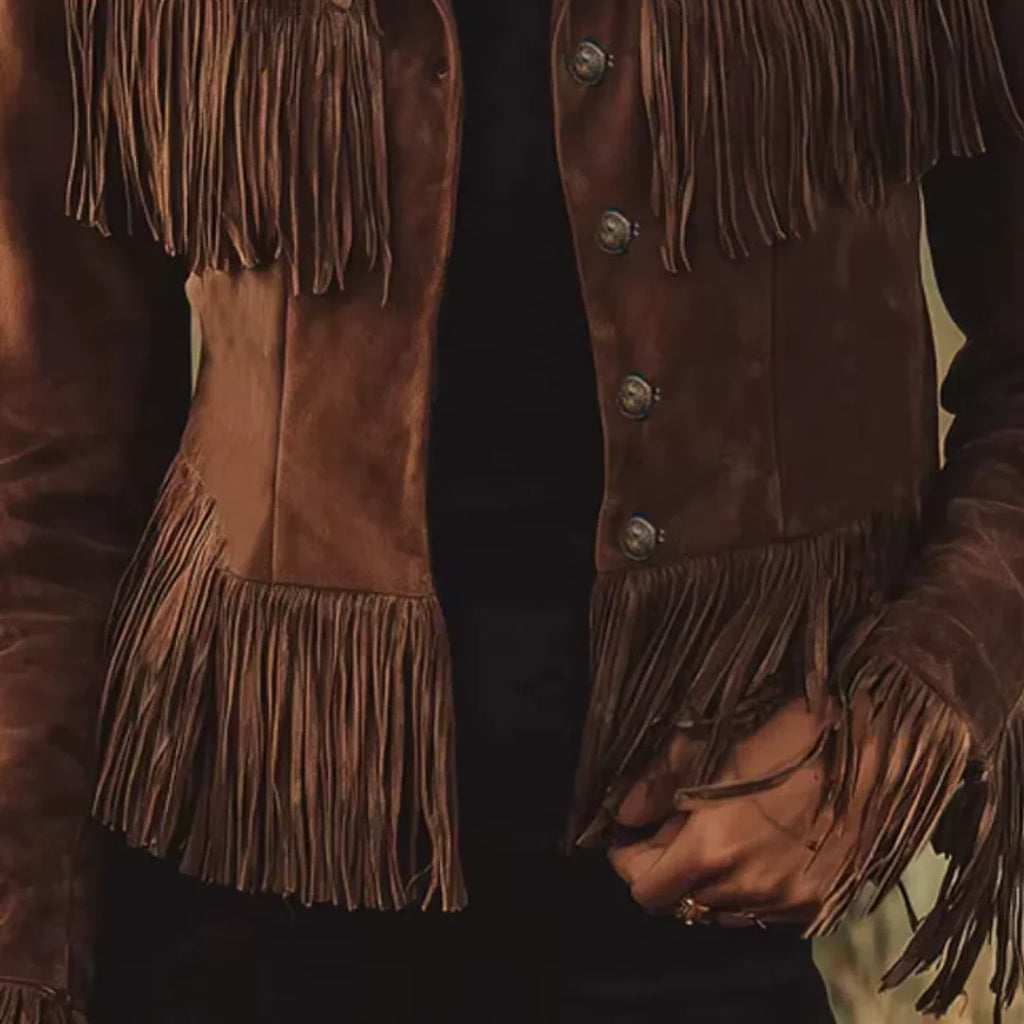 Women's Suede Button-Front Jacket with Fringe Detail and Classic Collar 2