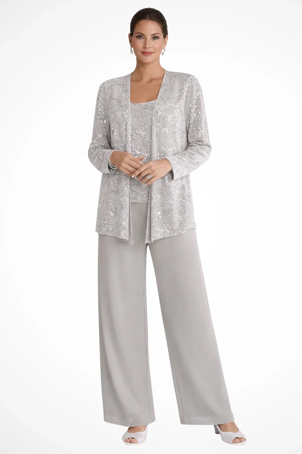 Women's Three-Piece Sequin Lace Jacket and Wide Leg Trouser Suit 0