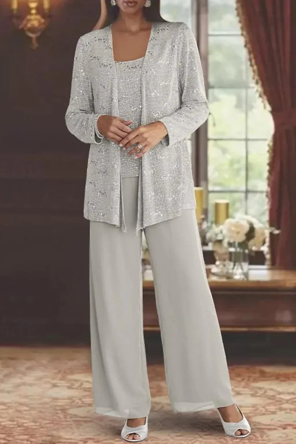 Women's Three-Piece Sequin Lace Jacket and Wide Leg Trouser Suit 1