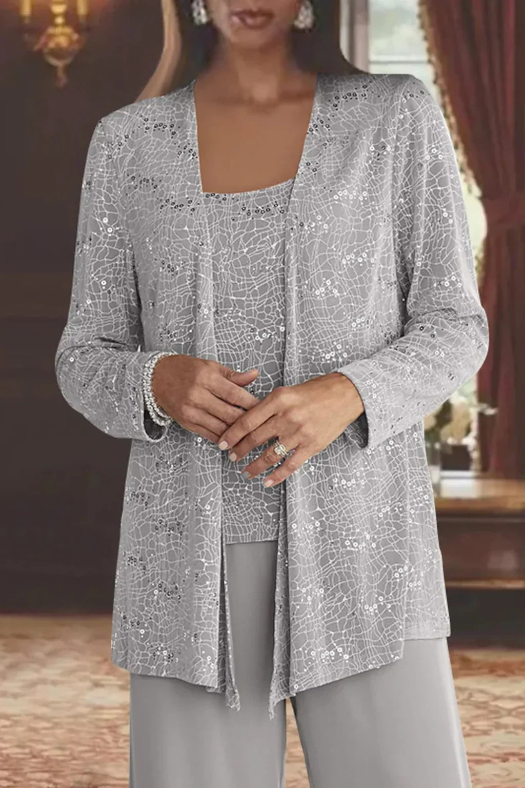 Women's Three-Piece Sequin Lace Jacket and Wide Leg Trouser Suit 2