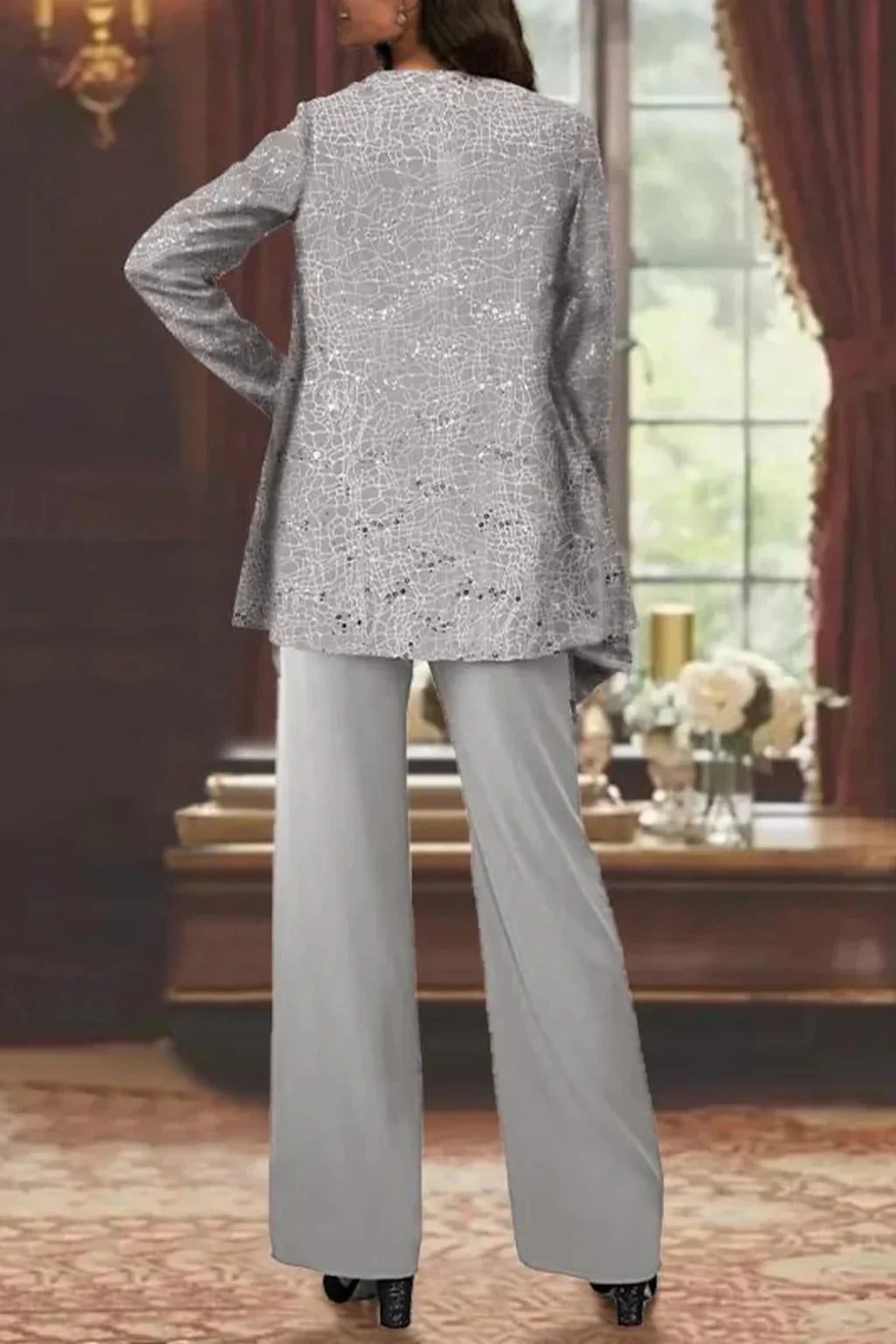 Women's Three-Piece Sequin Lace Jacket and Wide Leg Trouser Suit 3