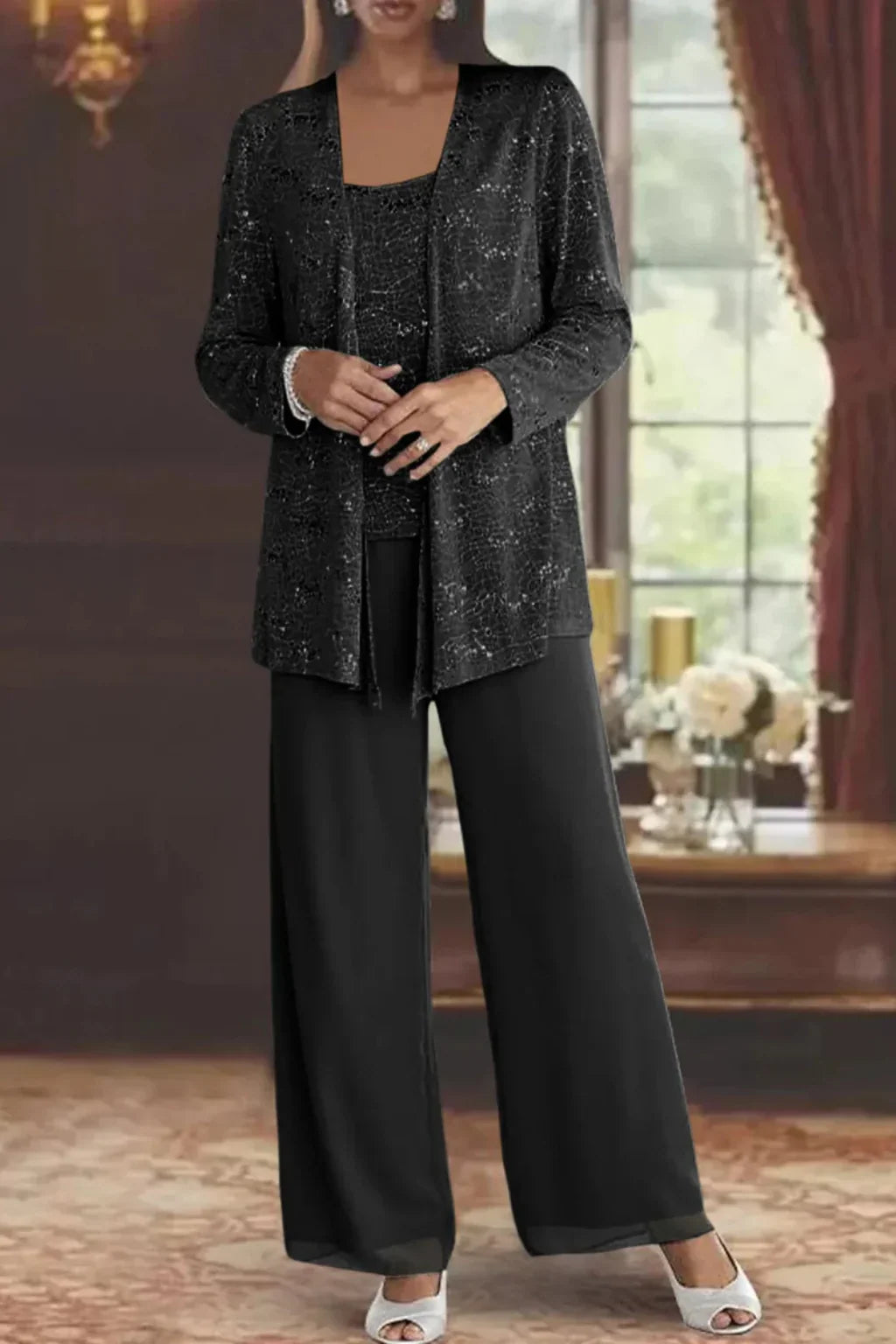 Women's Three-Piece Sequin Lace Jacket and Wide Leg Trouser Suit 5