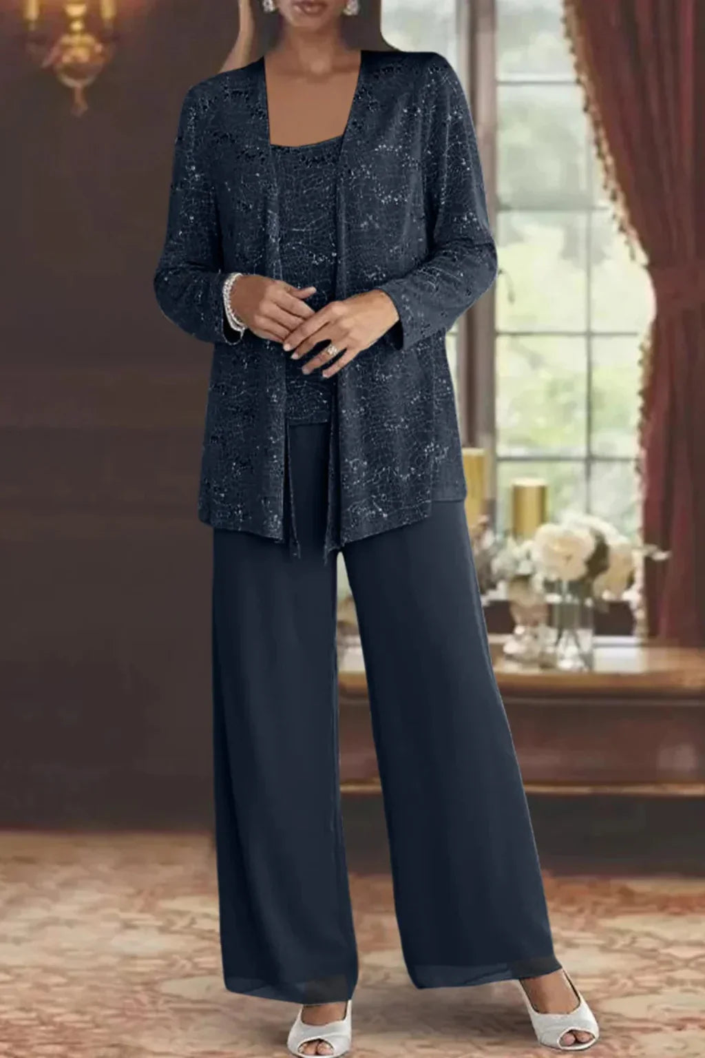 Women's Three-Piece Sequin Lace Jacket and Wide Leg Trouser Suit 7