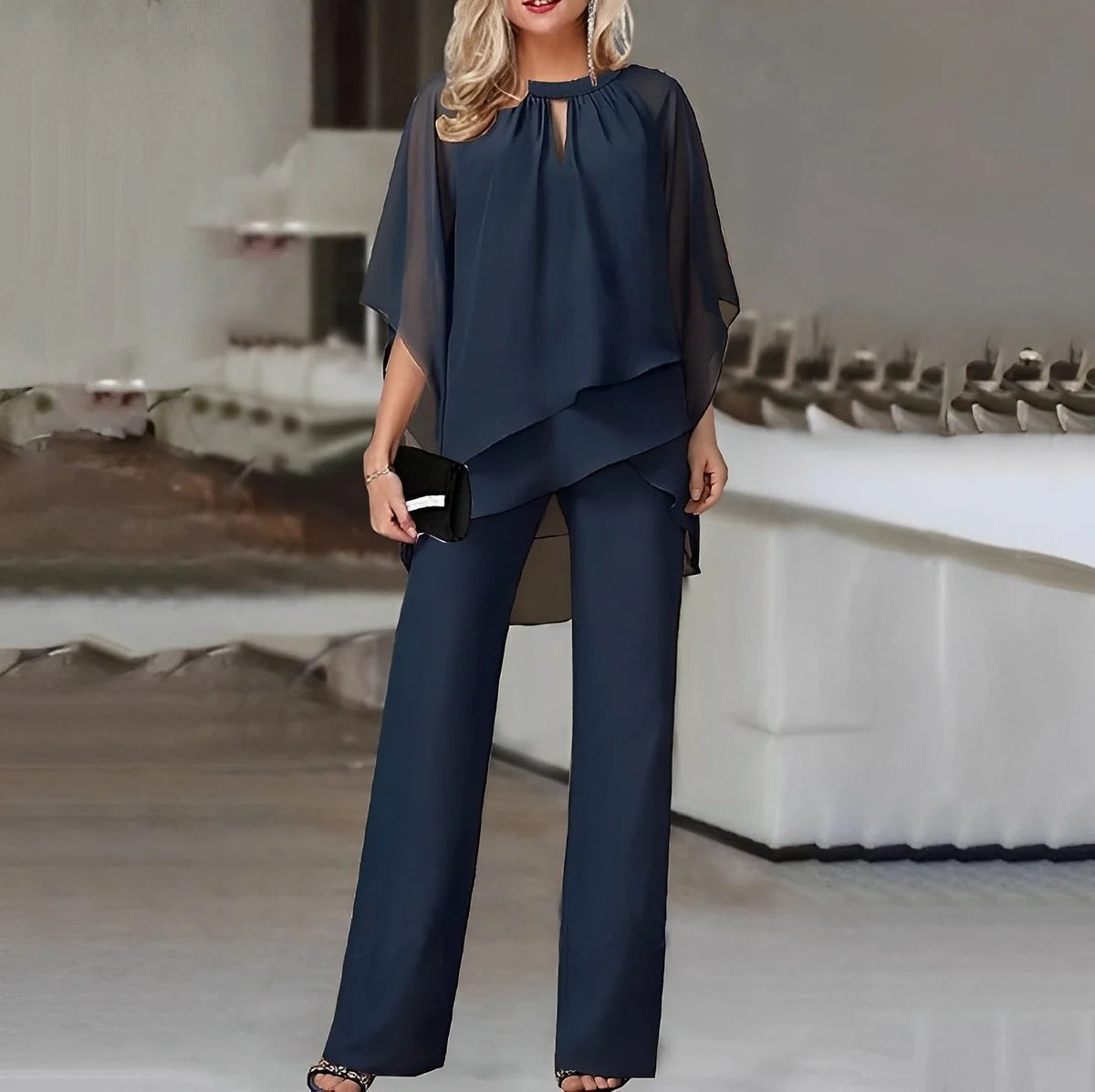 Women's Two Piece Set: Chiffon Layered Top & Wide Leg Pants Co Ord 2