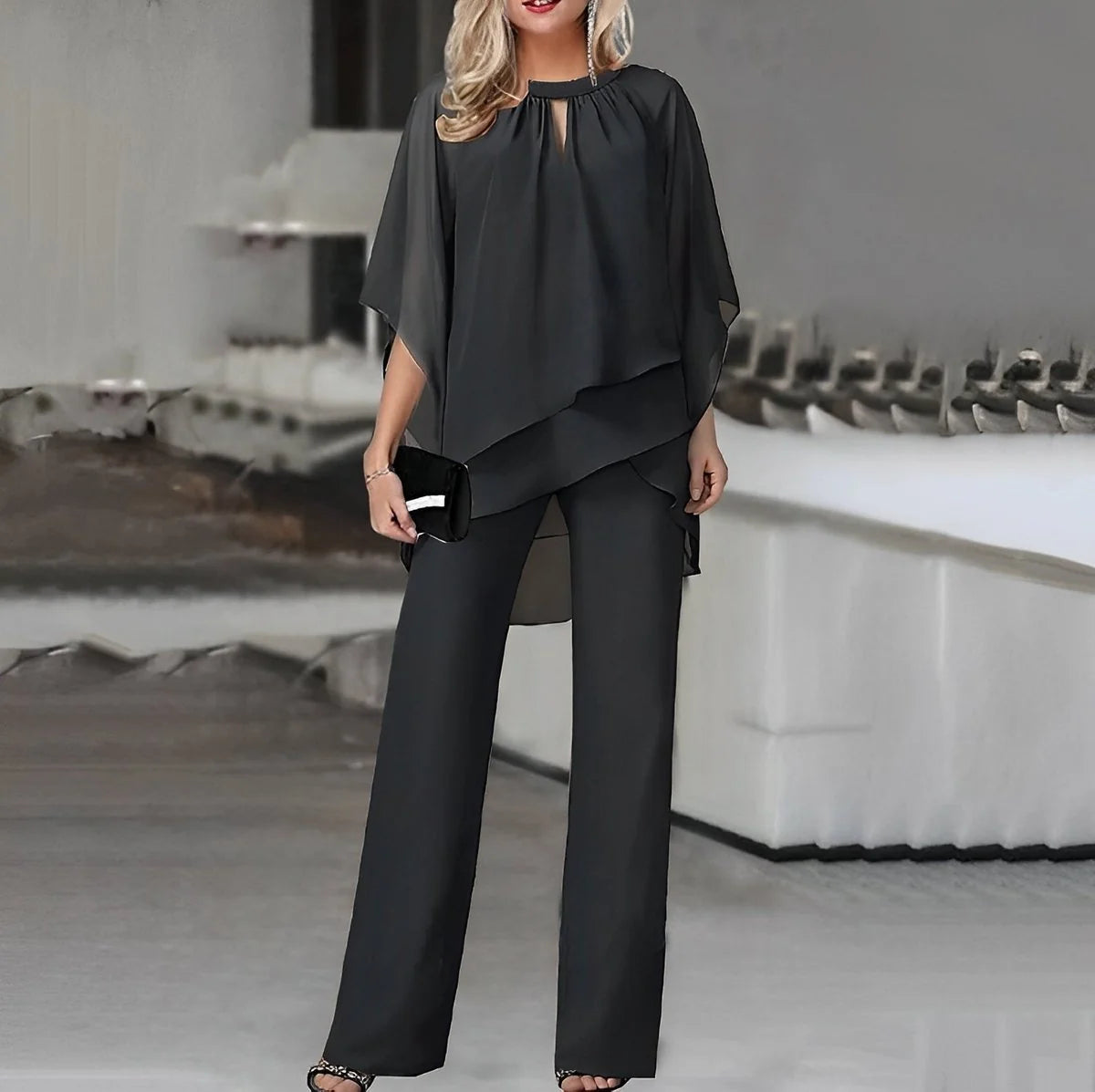 Women's Two Piece Set: Chiffon Layered Top & Wide Leg Pants Co Ord 3