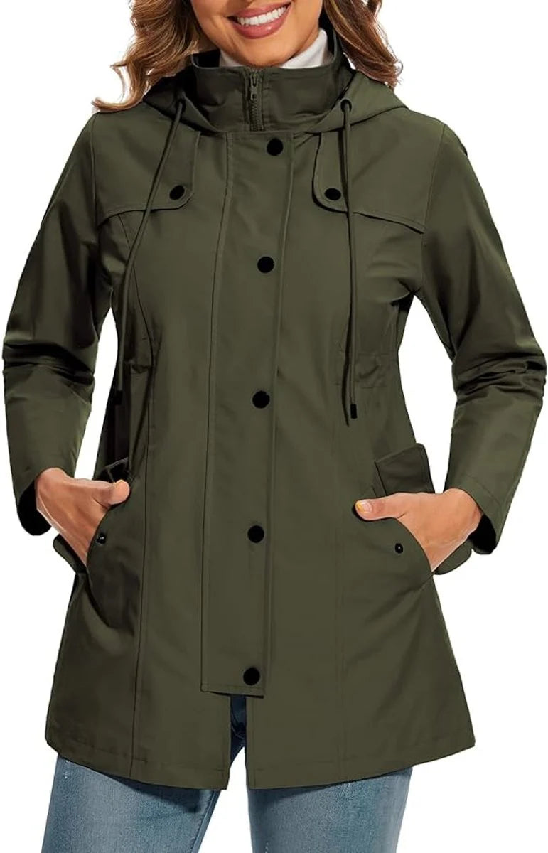 Women's Waterproof Rain Coat with Adjustable Waist and Hooded Design 7