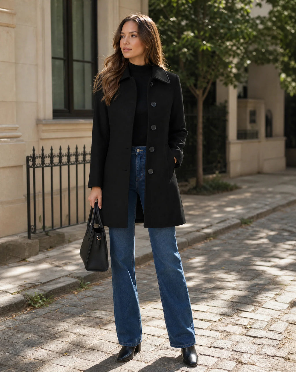 Women's Wool Blend Winter Trench Coat with Structured Collar 1