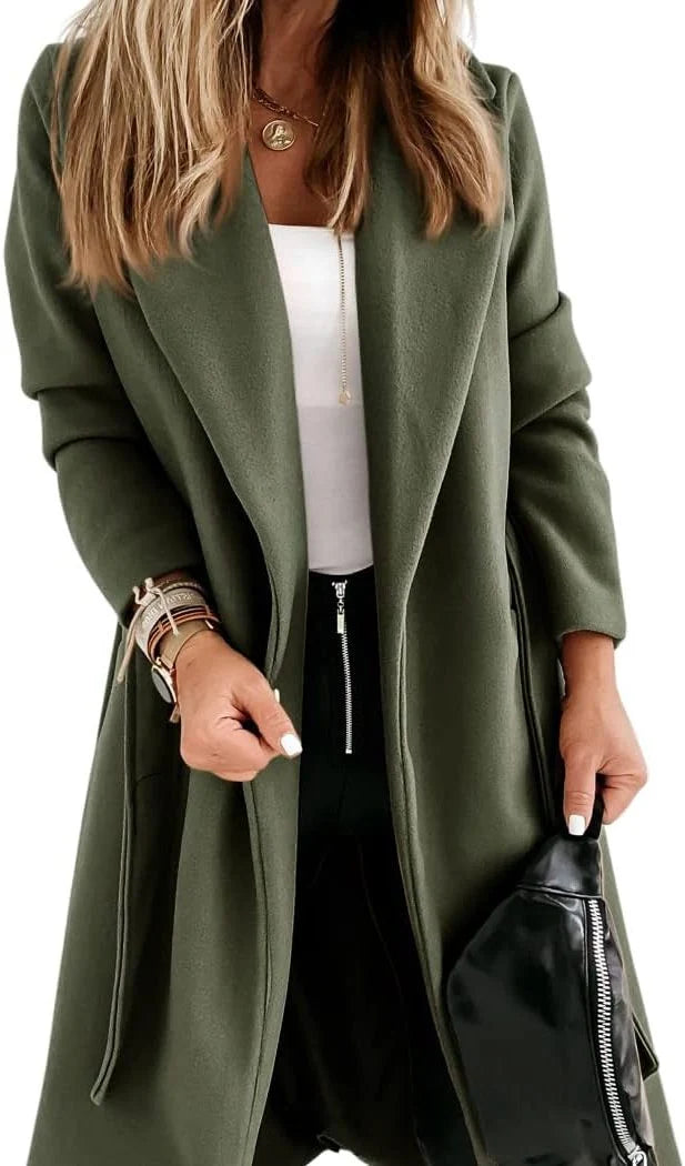 Women's Wool Long Coat with Adjustable Belt and Lapel Collar 0