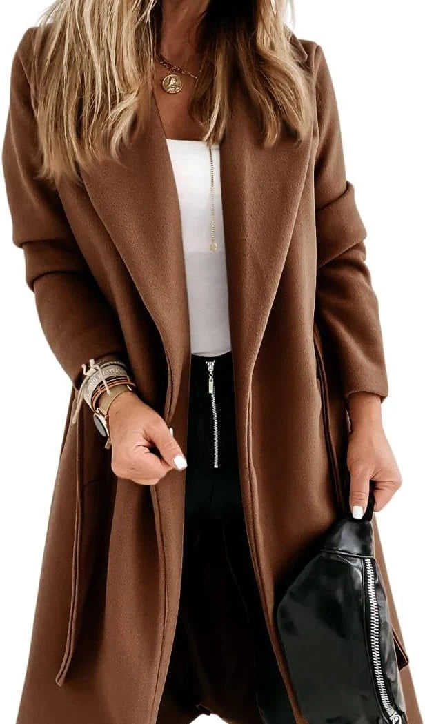 Women's Wool Long Coat with Adjustable Belt and Lapel Collar 1