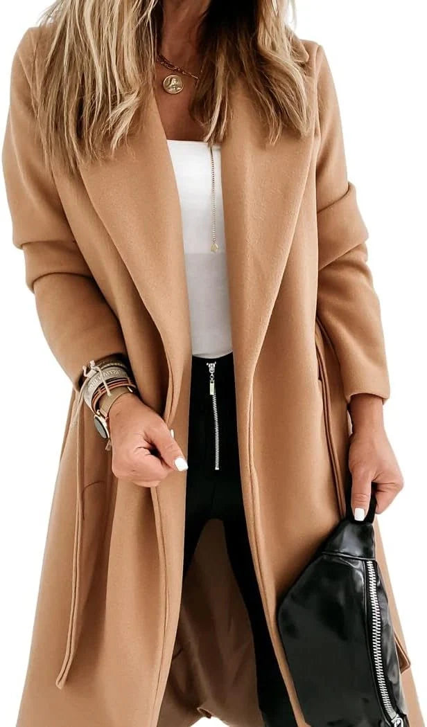 Women's Wool Long Coat with Adjustable Belt and Lapel Collar 10