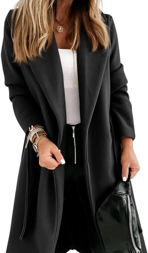 Women's Wool Long Coat with Adjustable Belt and Lapel Collar 11