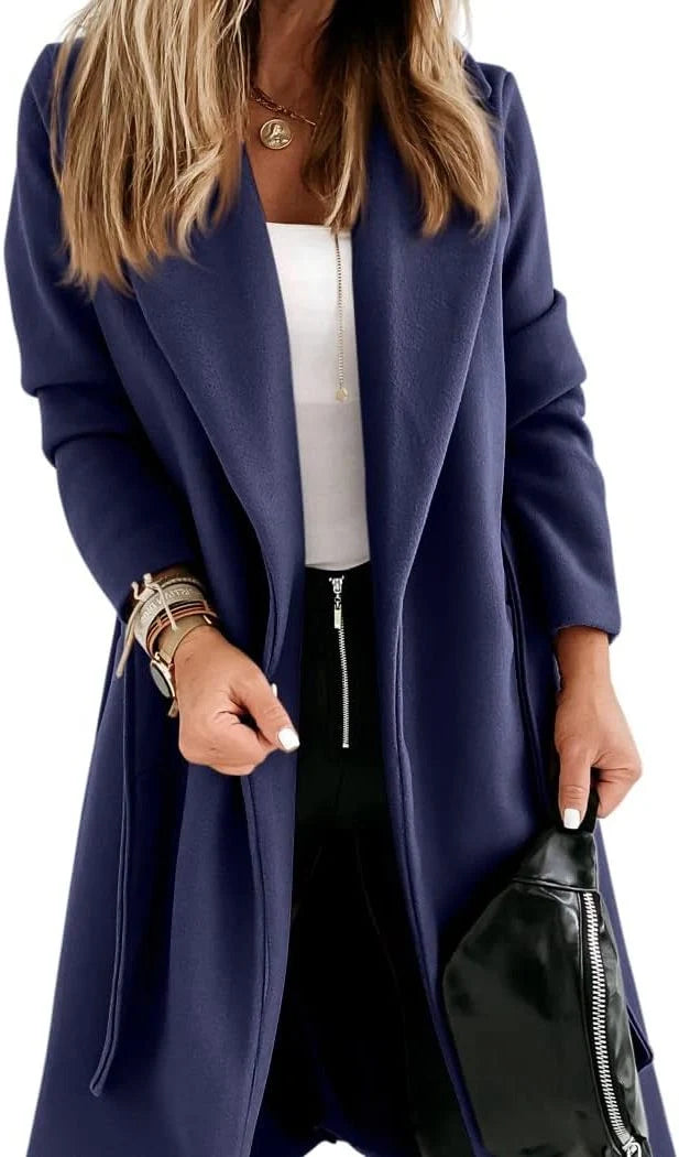 Women's Wool Long Coat with Adjustable Belt and Lapel Collar 12
