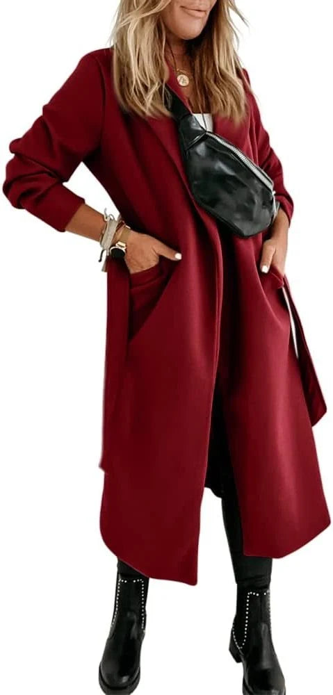 Women's Wool Long Coat with Adjustable Belt and Lapel Collar 13