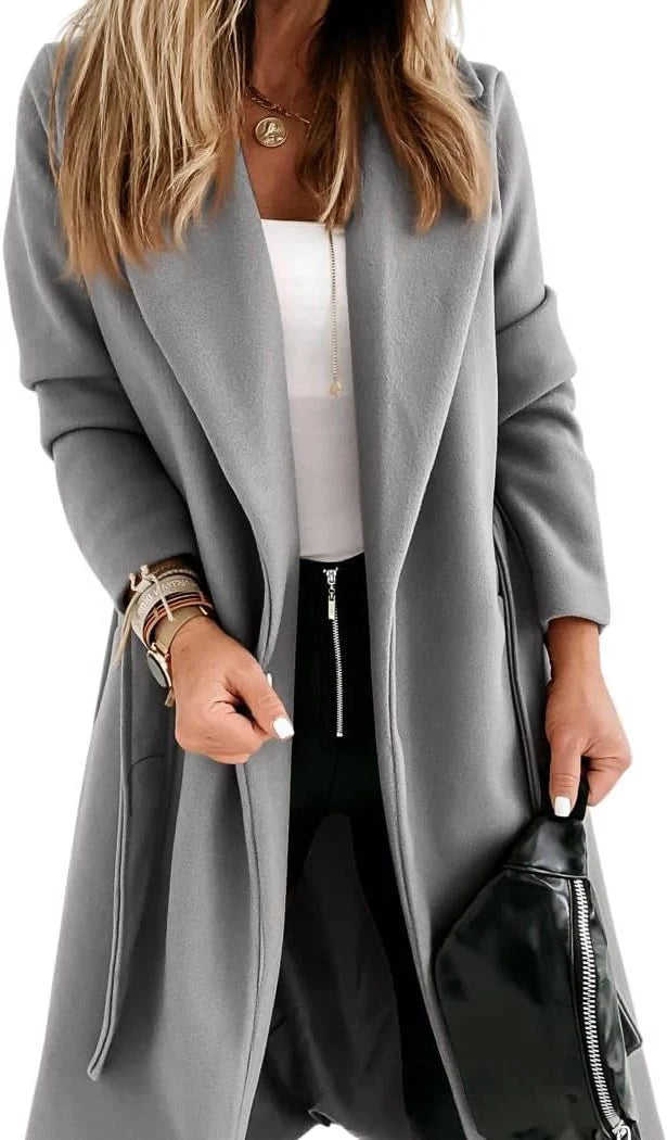 Women's Wool Long Coat with Adjustable Belt and Lapel Collar 14