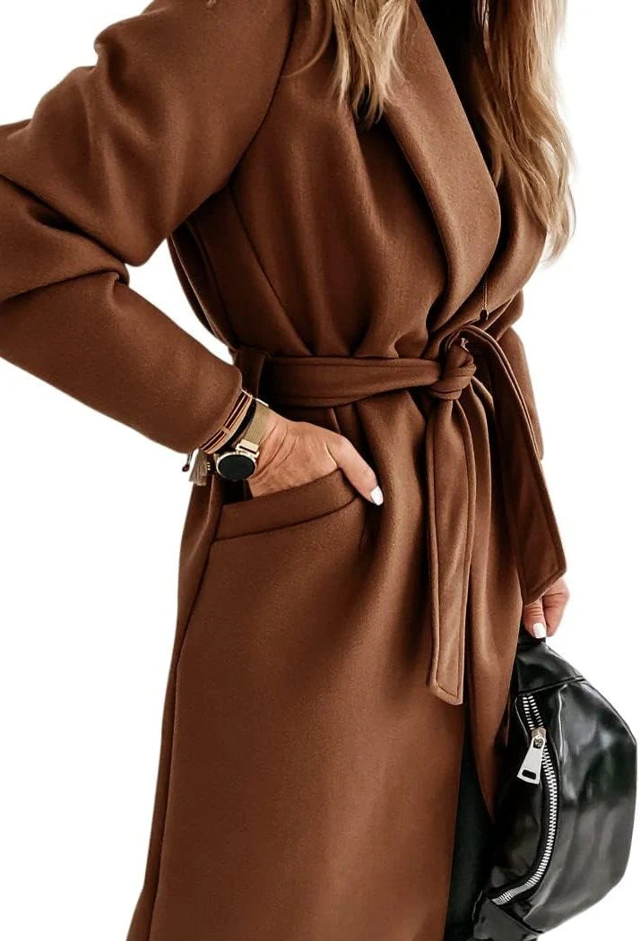 Women's Wool Long Coat with Adjustable Belt and Lapel Collar 2