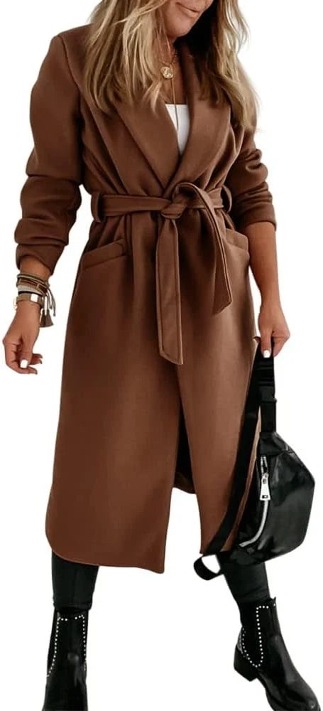 Women's Wool Long Coat with Adjustable Belt and Lapel Collar 3