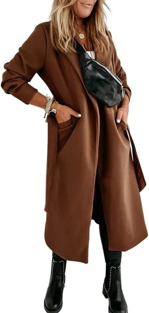 Women's Wool Long Coat with Adjustable Belt and Lapel Collar 4