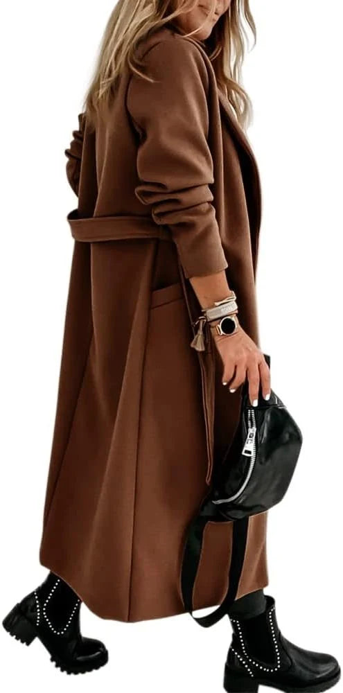 Women's Wool Long Coat with Adjustable Belt and Lapel Collar 5