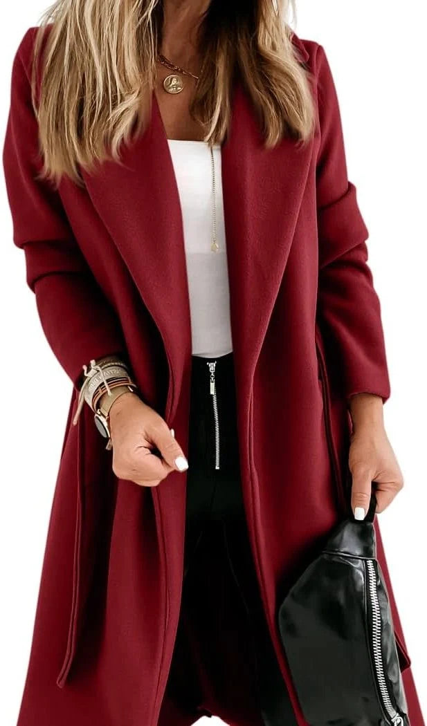 Women's Wool Long Coat with Adjustable Belt and Lapel Collar 6
