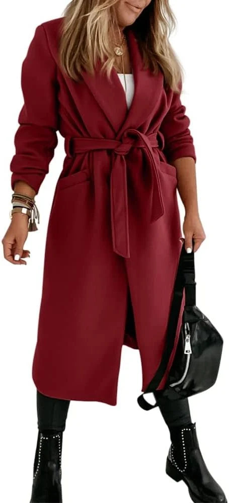 Women's Wool Long Coat with Adjustable Belt and Lapel Collar 8