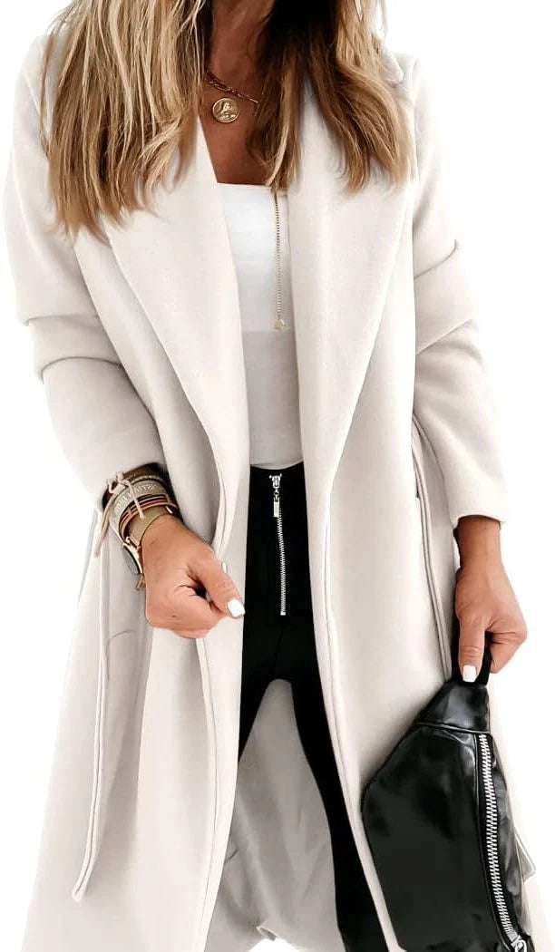Women's Wool Long Coat with Adjustable Belt and Lapel Collar 9