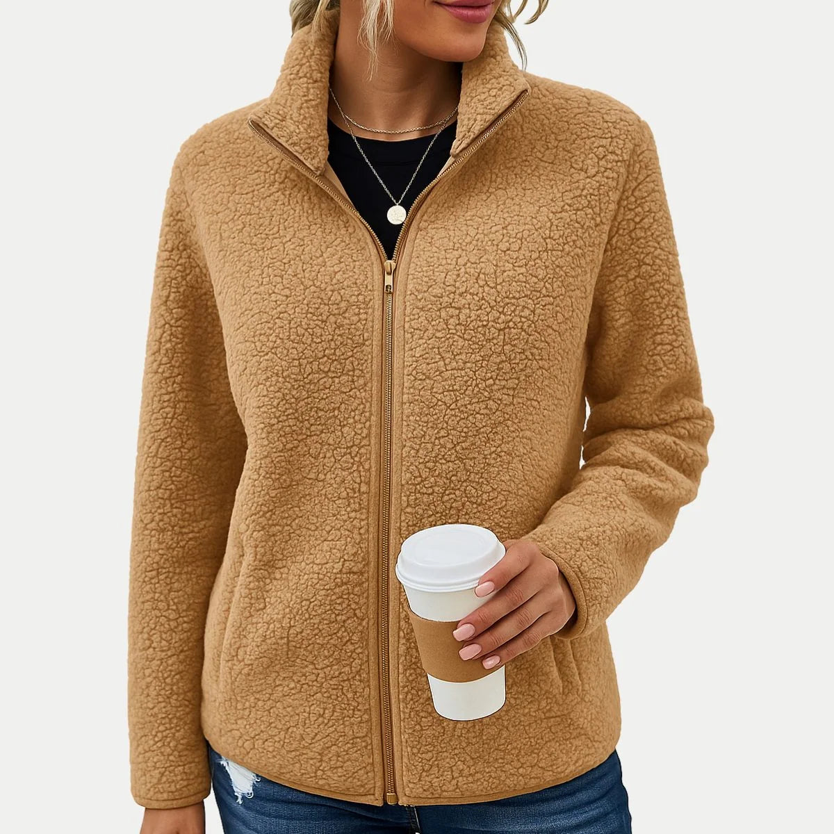 Women's Zip-Up Fleece Jacket with Textured Fabric 2