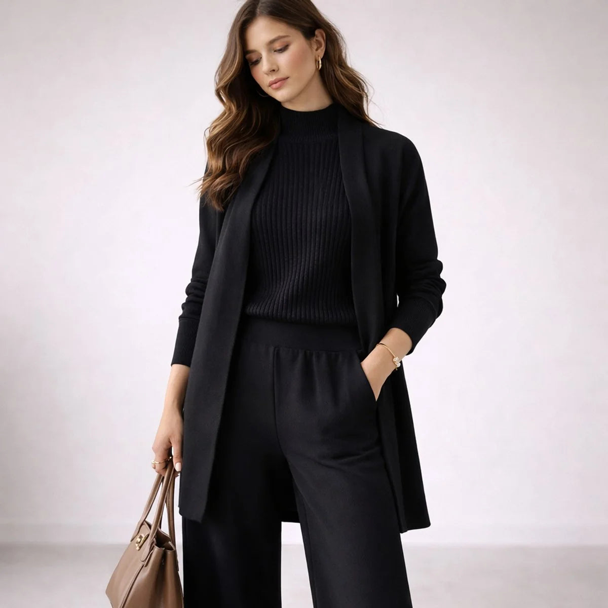 Womens Relaxed-Fit Three-Piece Knit Lounge Set with Cardigan 2