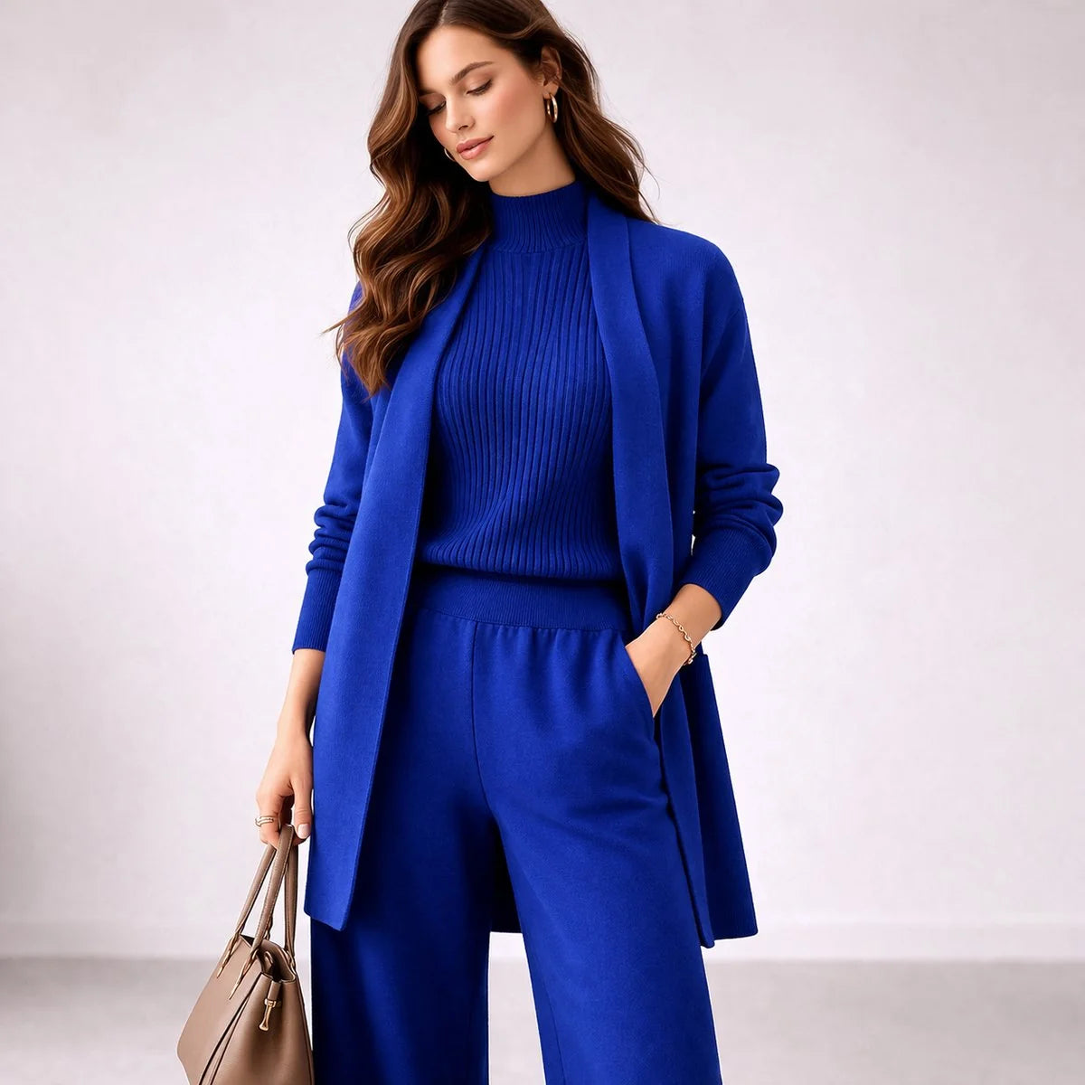 Womens Relaxed-Fit Three-Piece Knit Lounge Set with Cardigan 3