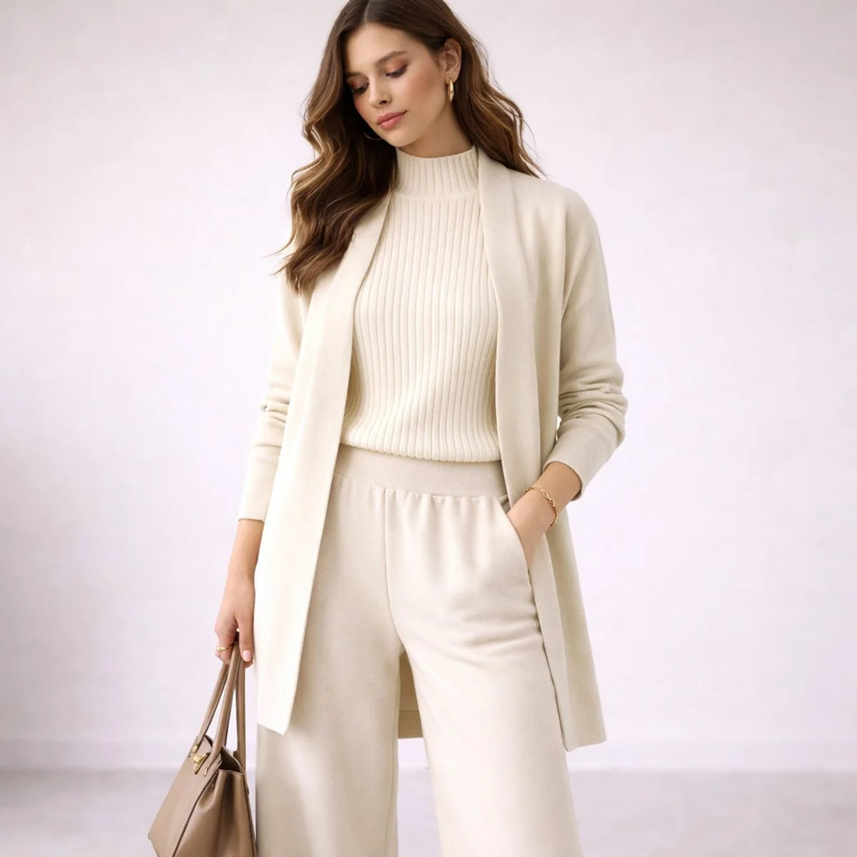 Womens Relaxed-Fit Three-Piece Knit Lounge Set with Cardigan 4
